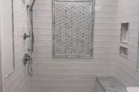 White and Grey Bathroom Remodel with Subway Tile and Bench