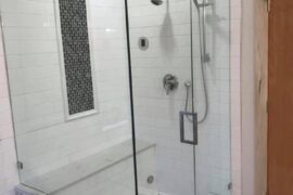 Steam Shower with Subway Tile, Linear Drain, and Quartz Bench