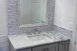 Marble Mosaic Vanity Wall with Custom Framed Mirror
