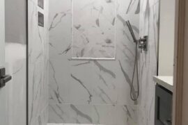 Carrera Porcelain Tile Shower in Classic White and Grey